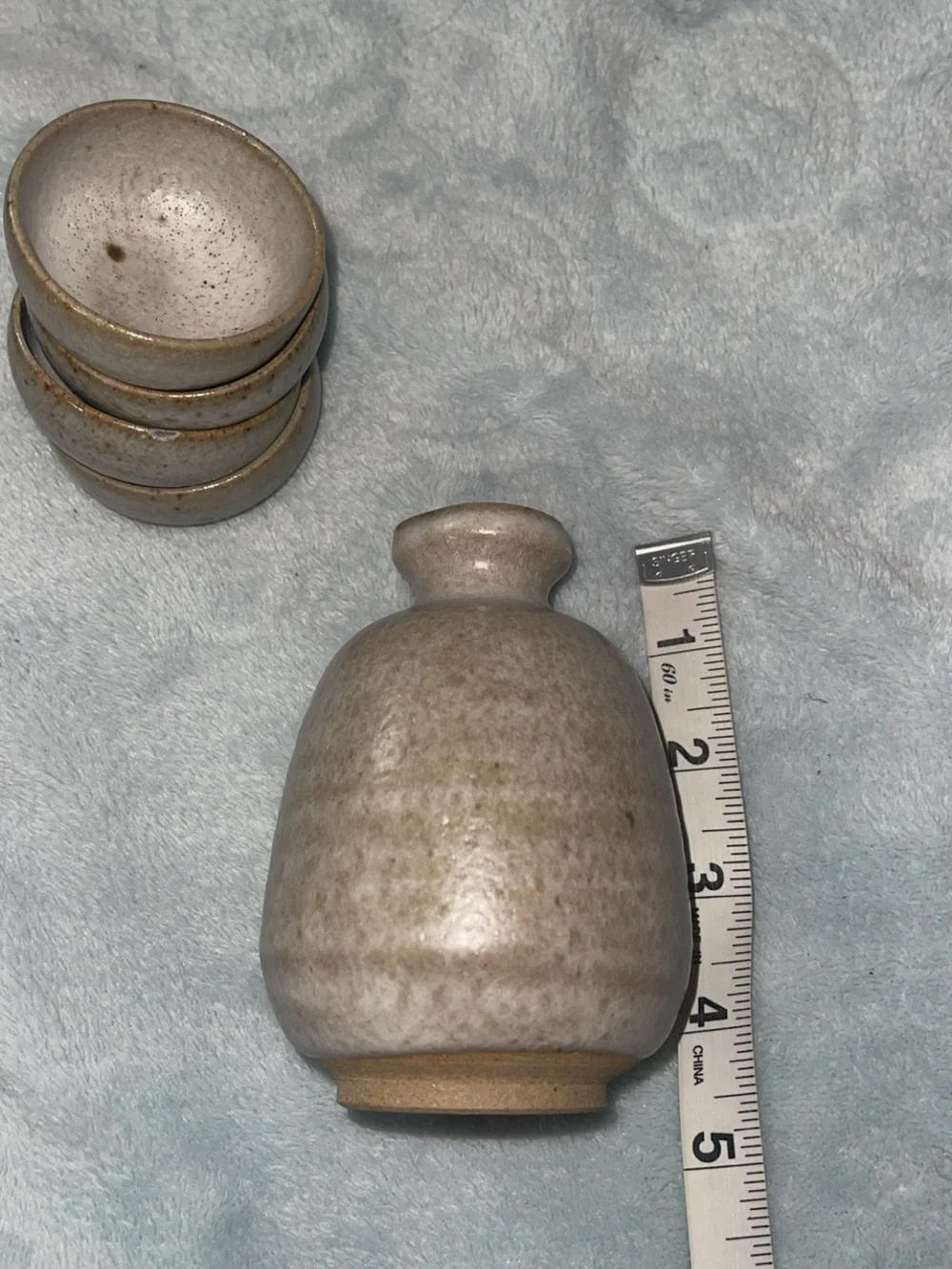 Vintage Japanese Ceramic Sake Set Tokkuri Flask & 4 Guinomi Cups Rustic Wabi-Sab